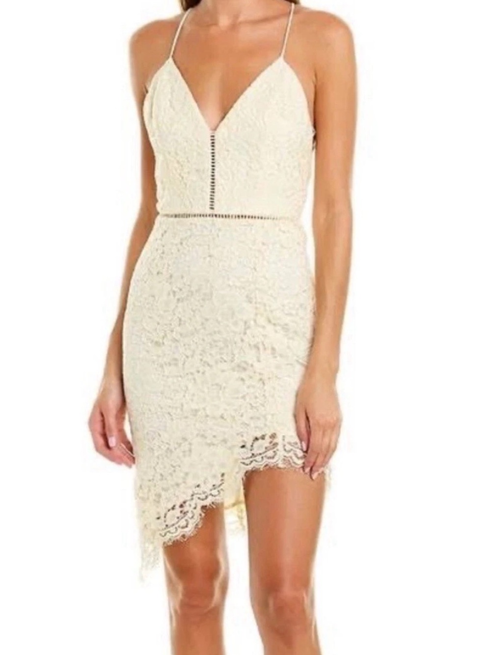 NBD only yours ivory lace asymmetrical strappy back mini dress NWT SZ M